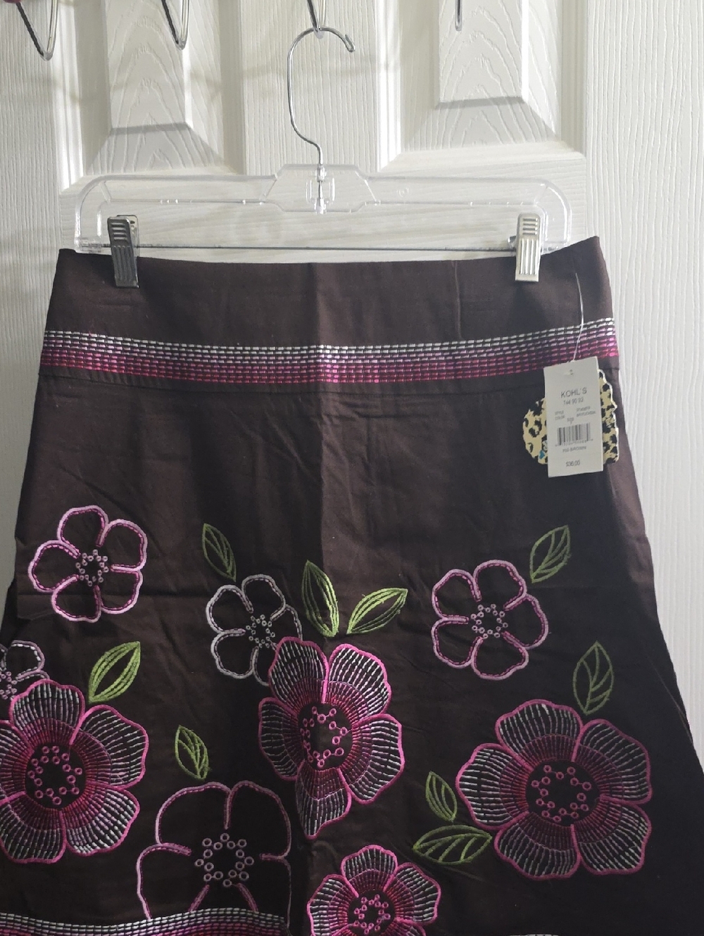 HeartSoul Brown A-Line Skirt with Pink & Green Floral Embroidery Size 7